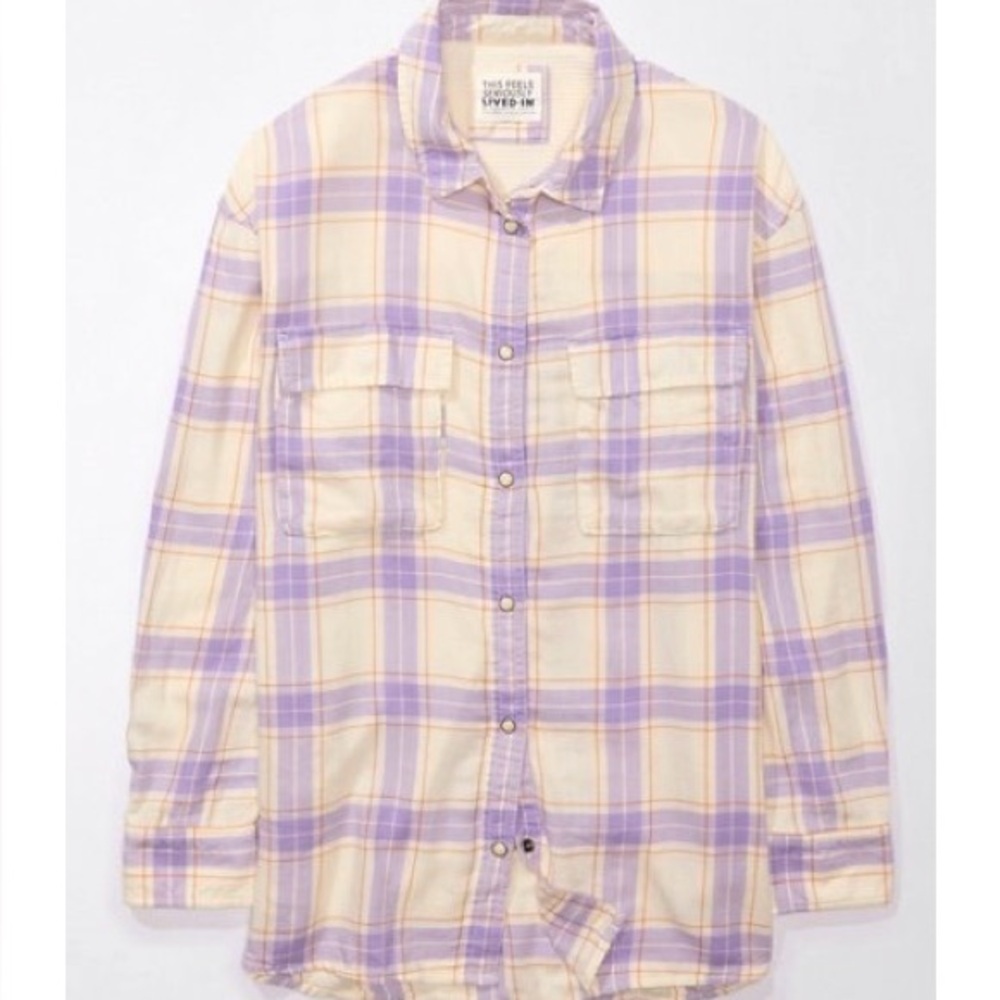 American Eagle Outfitters Women’s Casual Plaid Shirt in Purple and Cream